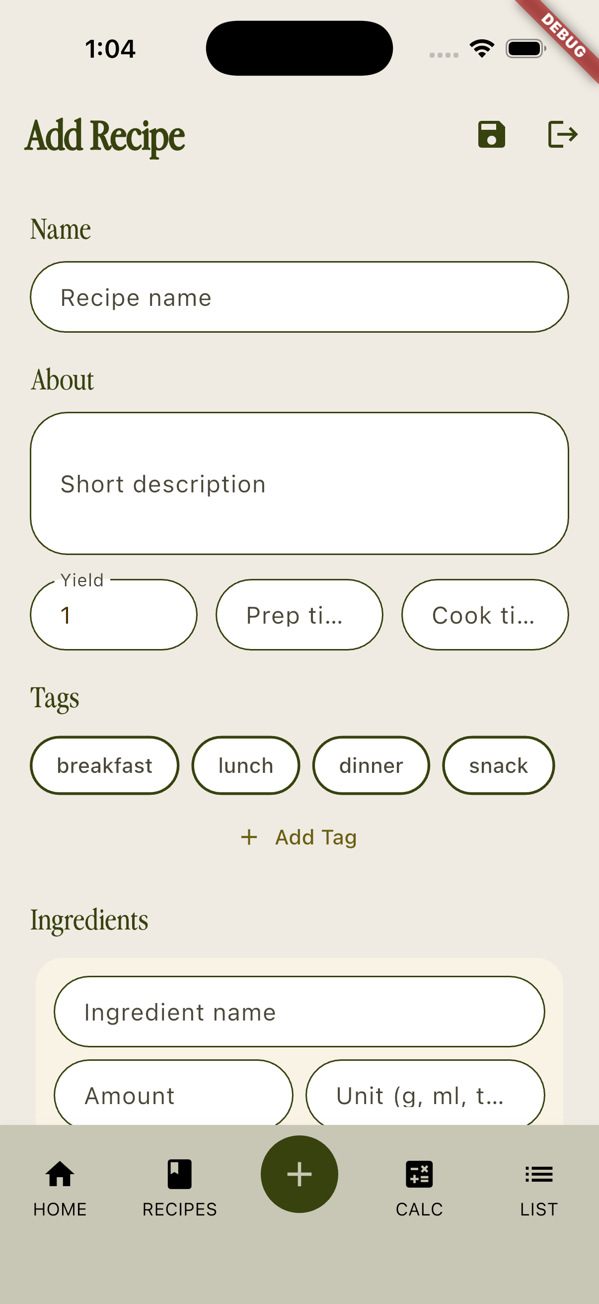 Add recipe screen