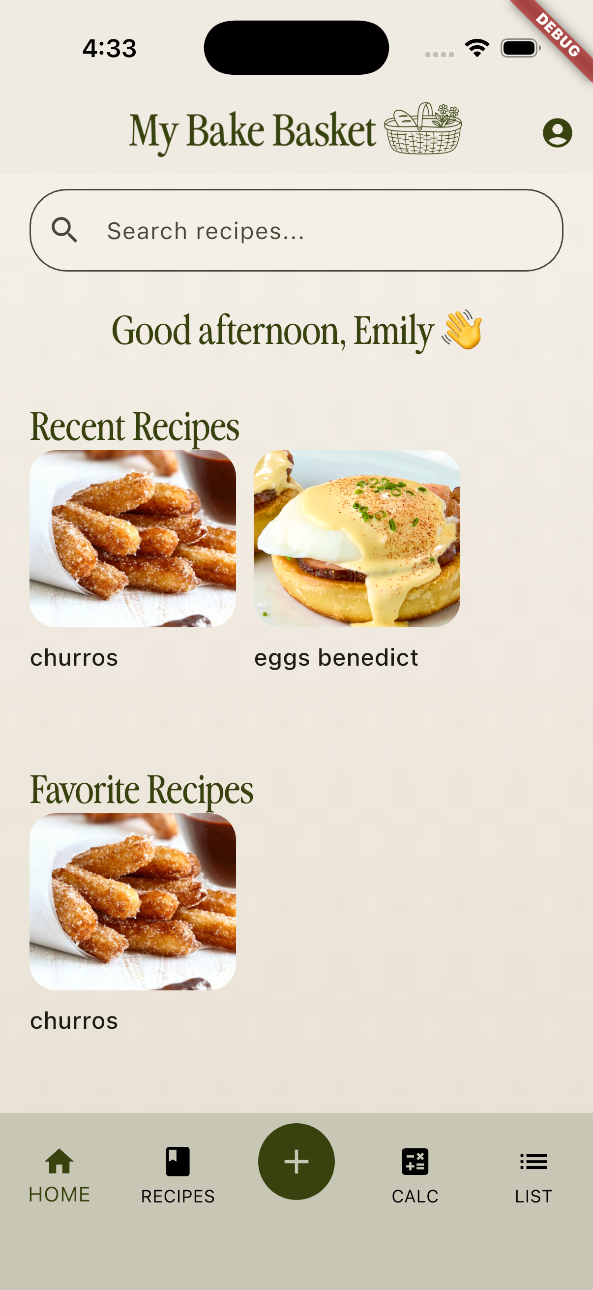 My Bake Basket home screen