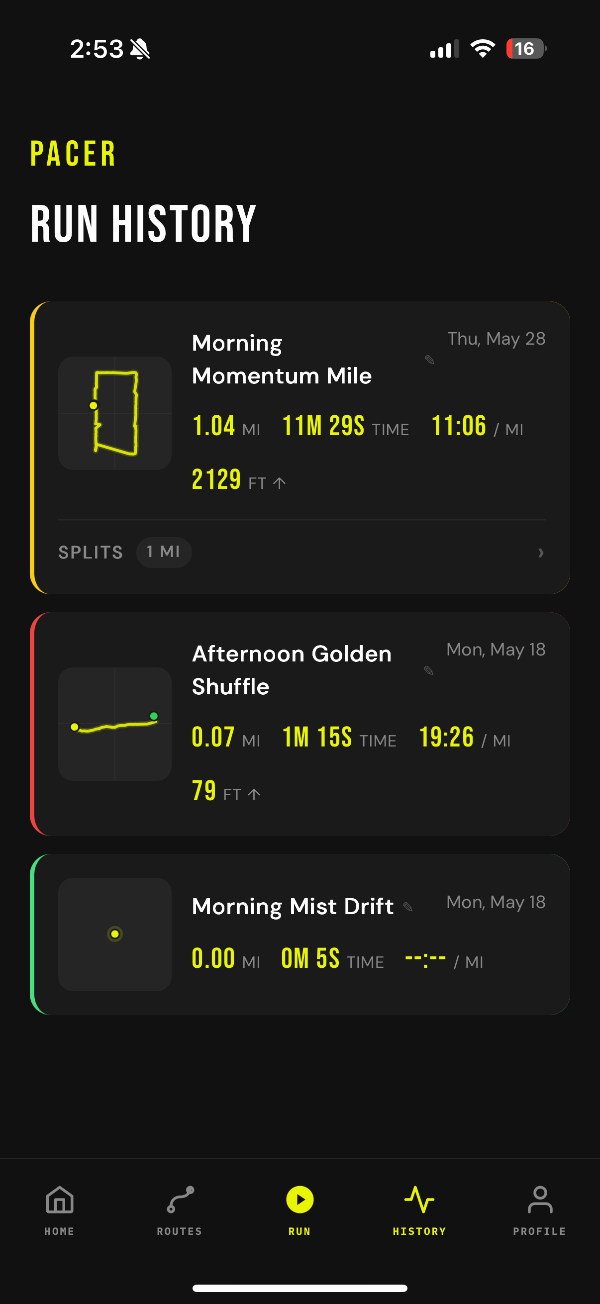 Run history screen