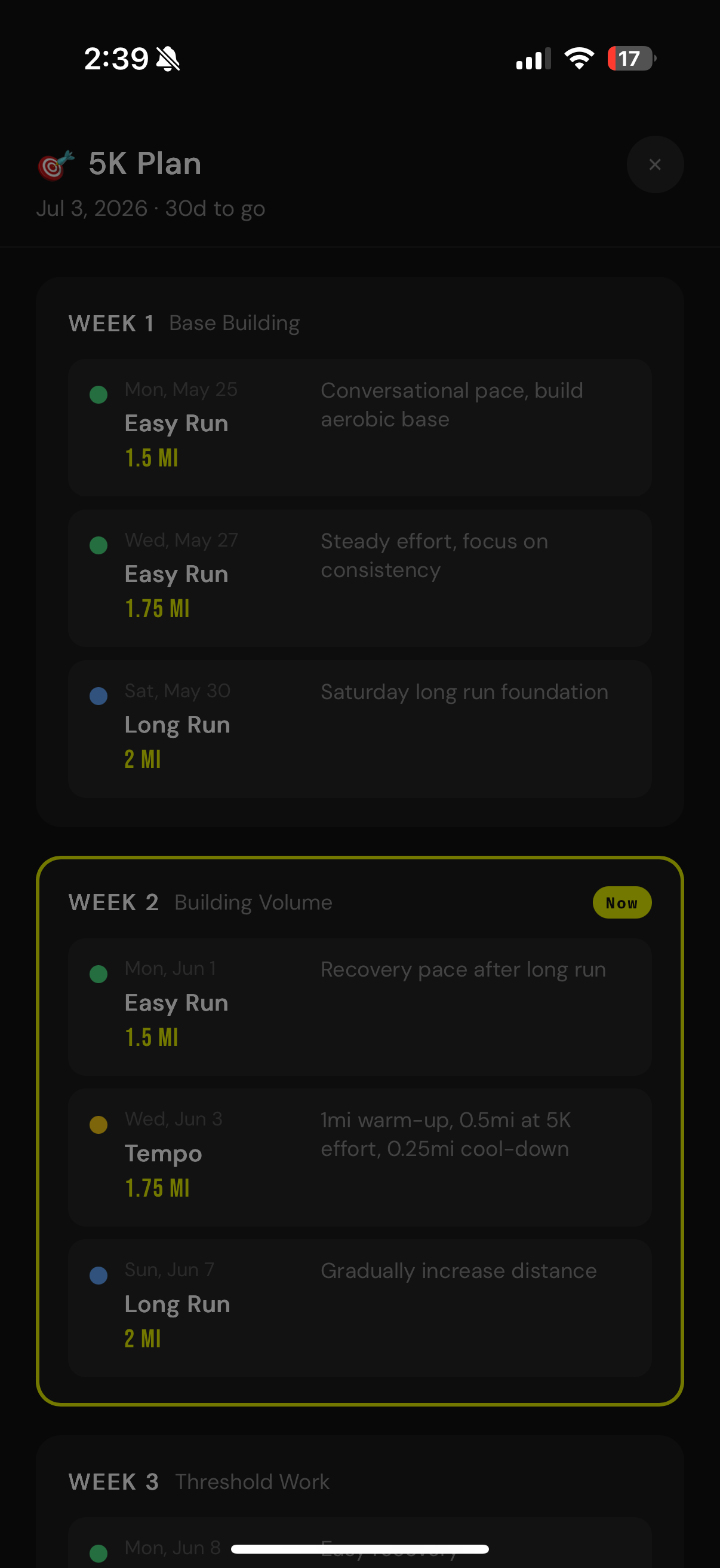 Adaptive training plan screen